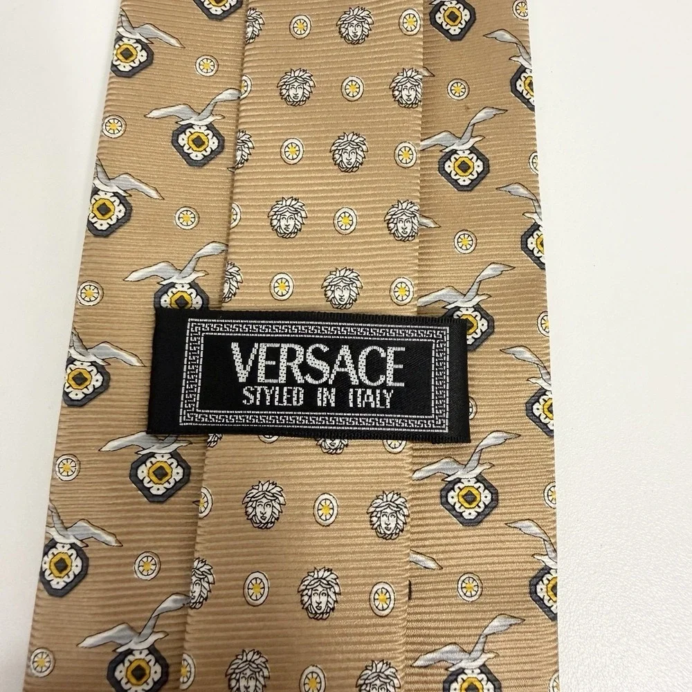 Versace Men's Tie Medusas & Birds Caramel Brown Silk Italy 3.75